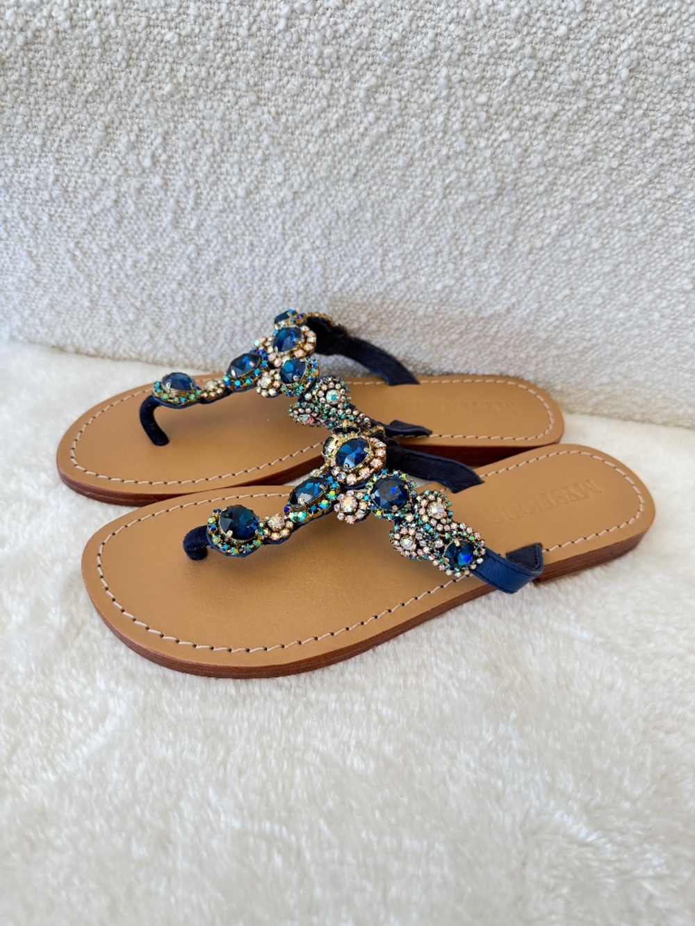 Mystique Boutique Navy Blue Jeweled Toe-Post Sandals